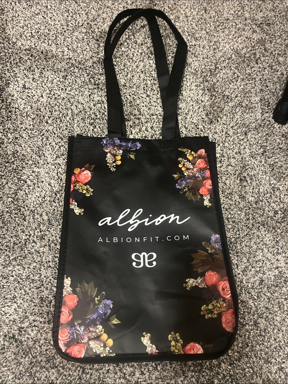 Albion Black Floral Logo Tote with Colorful flowers
